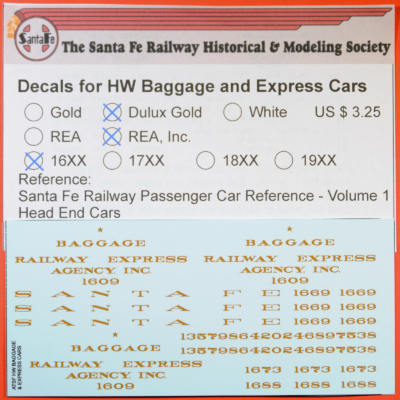 HO Decals - 16XX Series HW Baggage & Express Car, Dulux Gold REA, Inc.