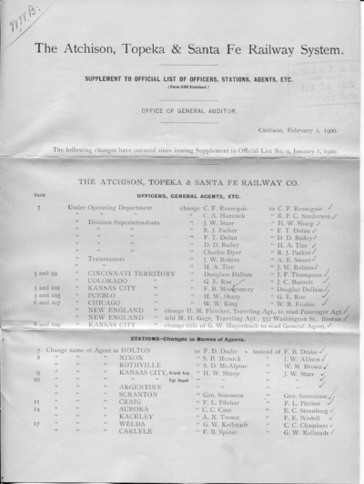 1900 Form 598 #9 & Supplements - [List of] Officers, Agents, Stations, etc., January 1, 1900 & Feb & Mar 1900 (TA) - Image 2