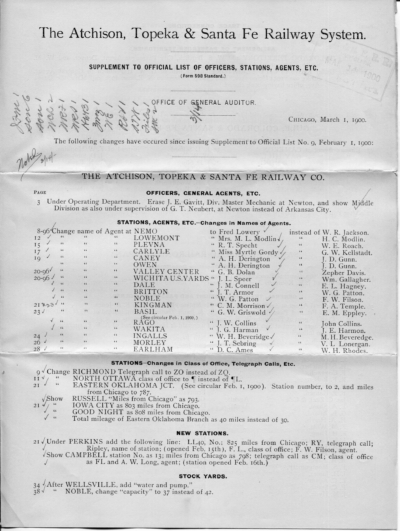 1900 Form 598 #9 & Supplements - [List of] Officers, Agents, Stations, etc., January 1, 1900 & Feb & Mar 1900 (TA) - Image 3