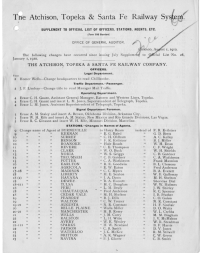 1910 Form 598 #28 & Supplement - [List of] Officers, Agents, Stations, etc., January 1, 1910 & August 1, 1910 (TA) - Image 3