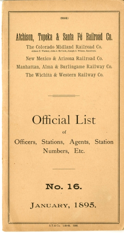 1895 Form 598 #16 - [List of] A.T. & S.F. R.R. Officers, Agents, Stations, etc., January 1, 1895 (TA)