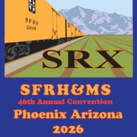 SRX convention logo showing yellow refrigerator cars on left green fields on right and mountains in distance