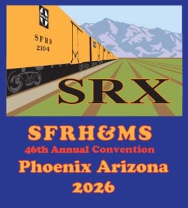SRX convention logo showing yellow refrigerator cars on left green fields on right and mountains in distance