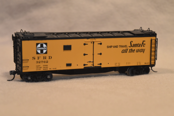 ATSF #32762 is a Rr-23 class refrigerator car showing its 1947 appearance. This model is an Intermountain kit with the "Ship and Travel" slogan. Photo by Jim Witmer. ATSF Rr-23 #32762 (model)