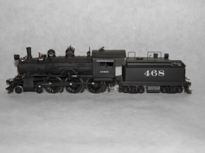 ATSF #468 is a 468 class 4-6-0 built by Rhode Island in 1900. The model is a Hallmark brass import from 1985. Model and photo by MSFM Ian MacKellar. ATSF Ten-Wheeler #468 (model)